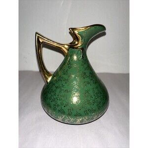 Vintage Pearl China CO. Green Pitcher With 22K Gold Hand Decorated USA Mcm